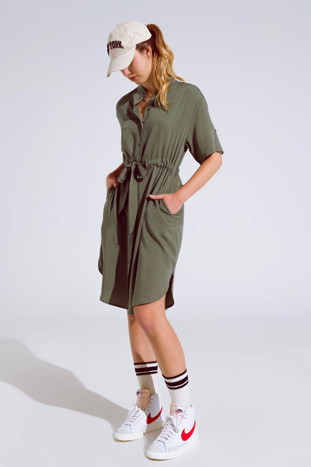 Flowy Button Up Dress With Belt And Side Pockets - Dresses