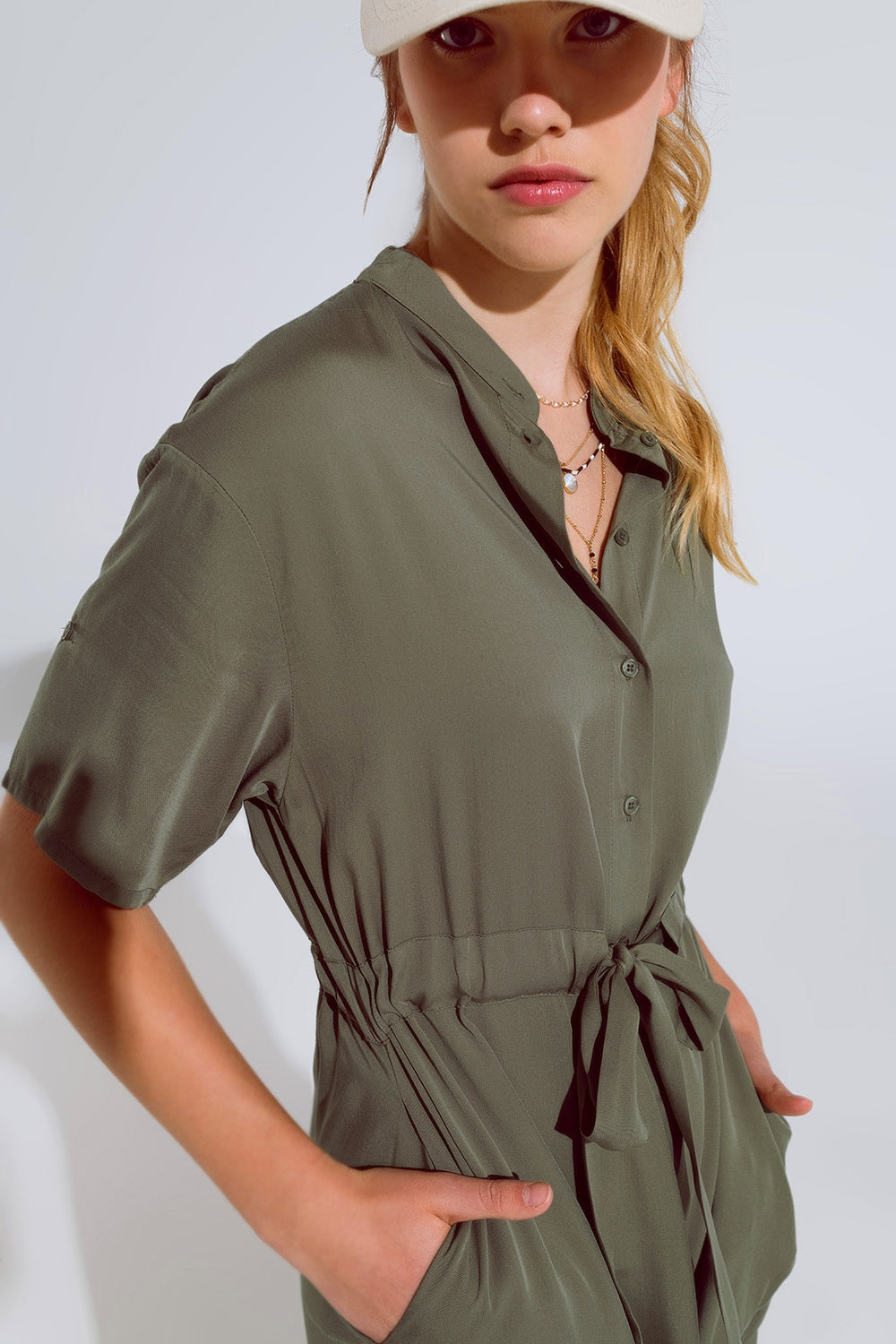 Flowy Button Up Dress With Belt And Side Pockets - Dresses