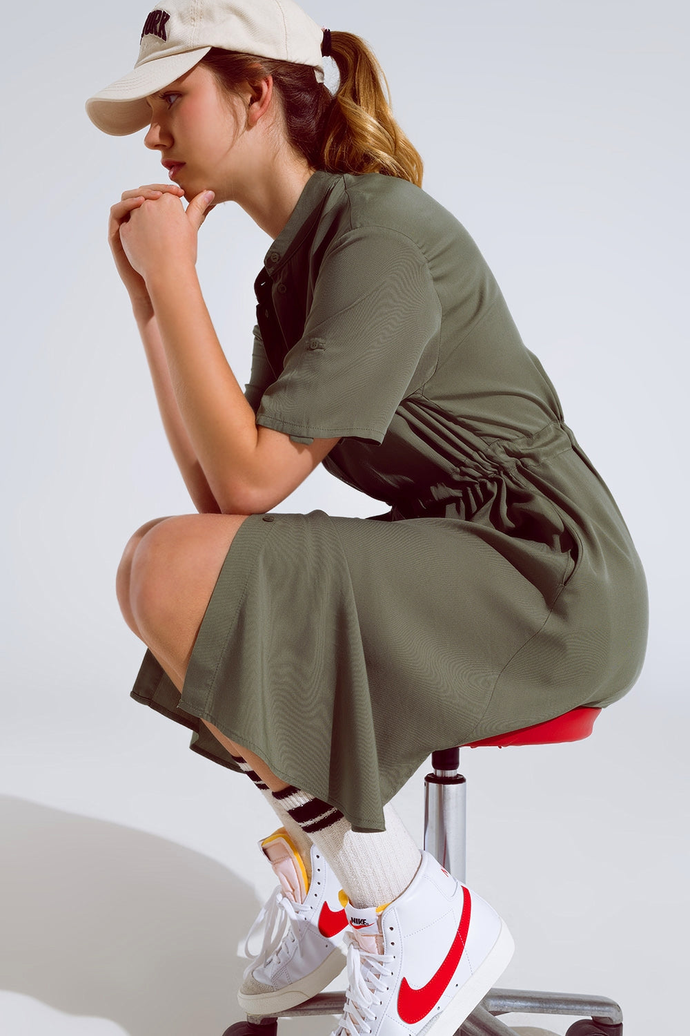 Flowy Button Up Dress With Belt And Side Pockets - Dresses