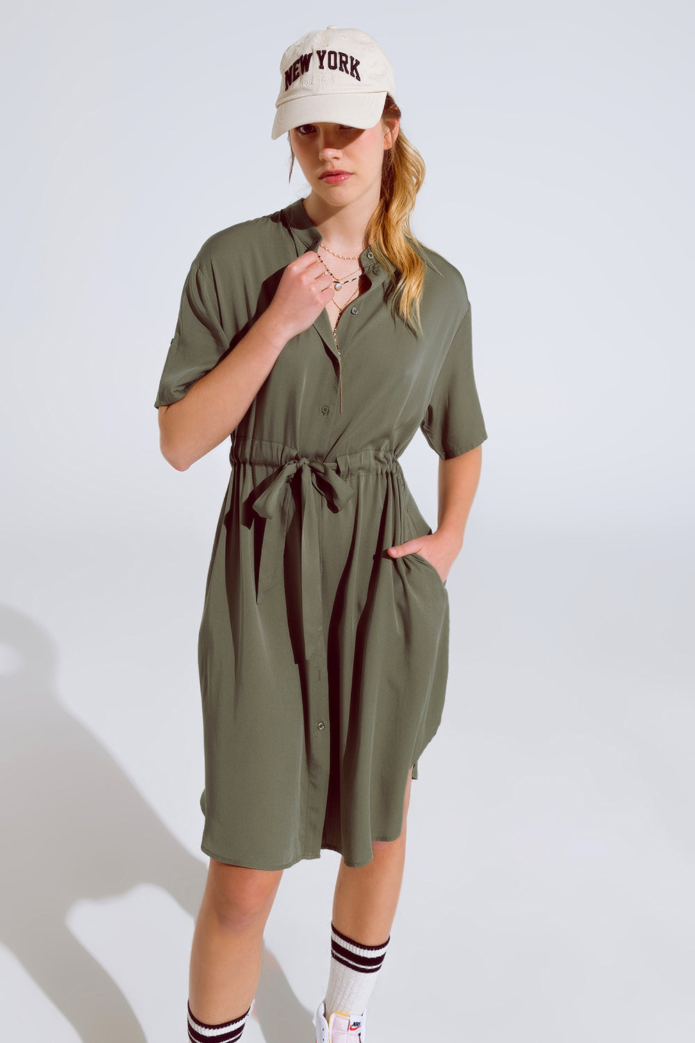 Flowy Button Up Dress With Belt And Side Pockets - Dresses