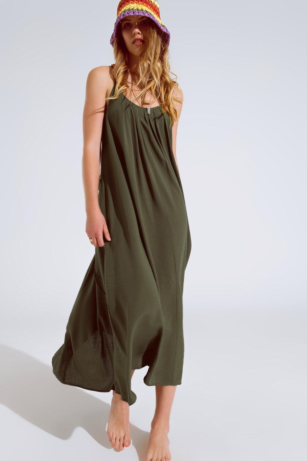 Flowy Khaki maxi Dress With Spaghetti Straps And Beaded Details Q2 Dresses BoutiqueLua