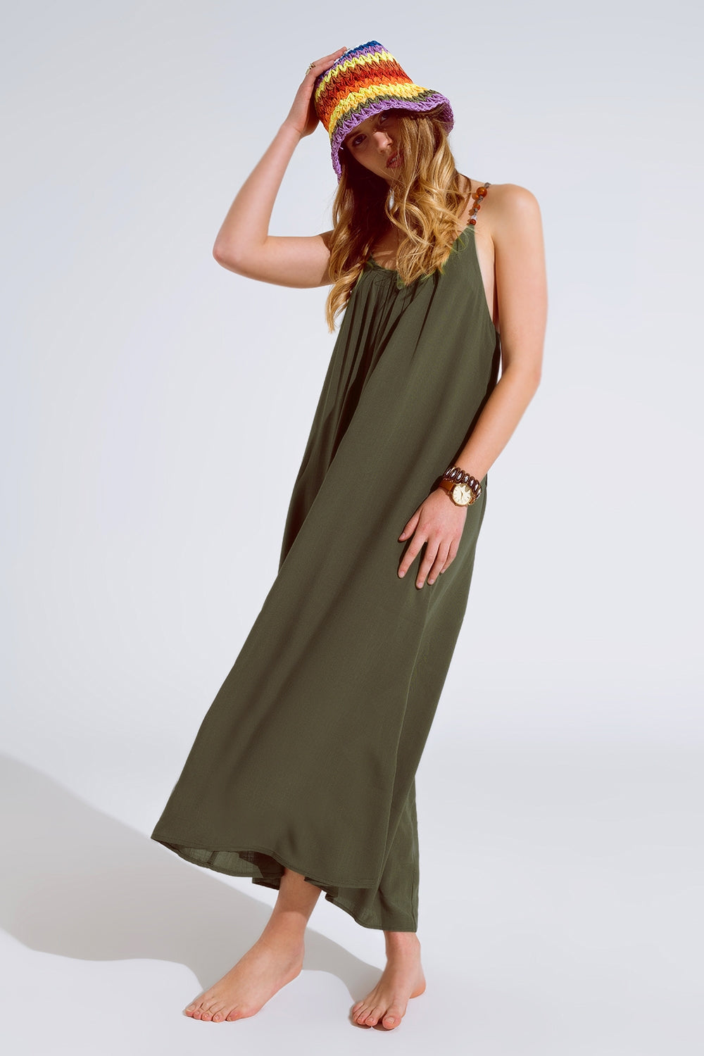 Flowy Khaki maxi Dress With Spaghetti Straps And Beaded Details Q2 Dresses BoutiqueLua