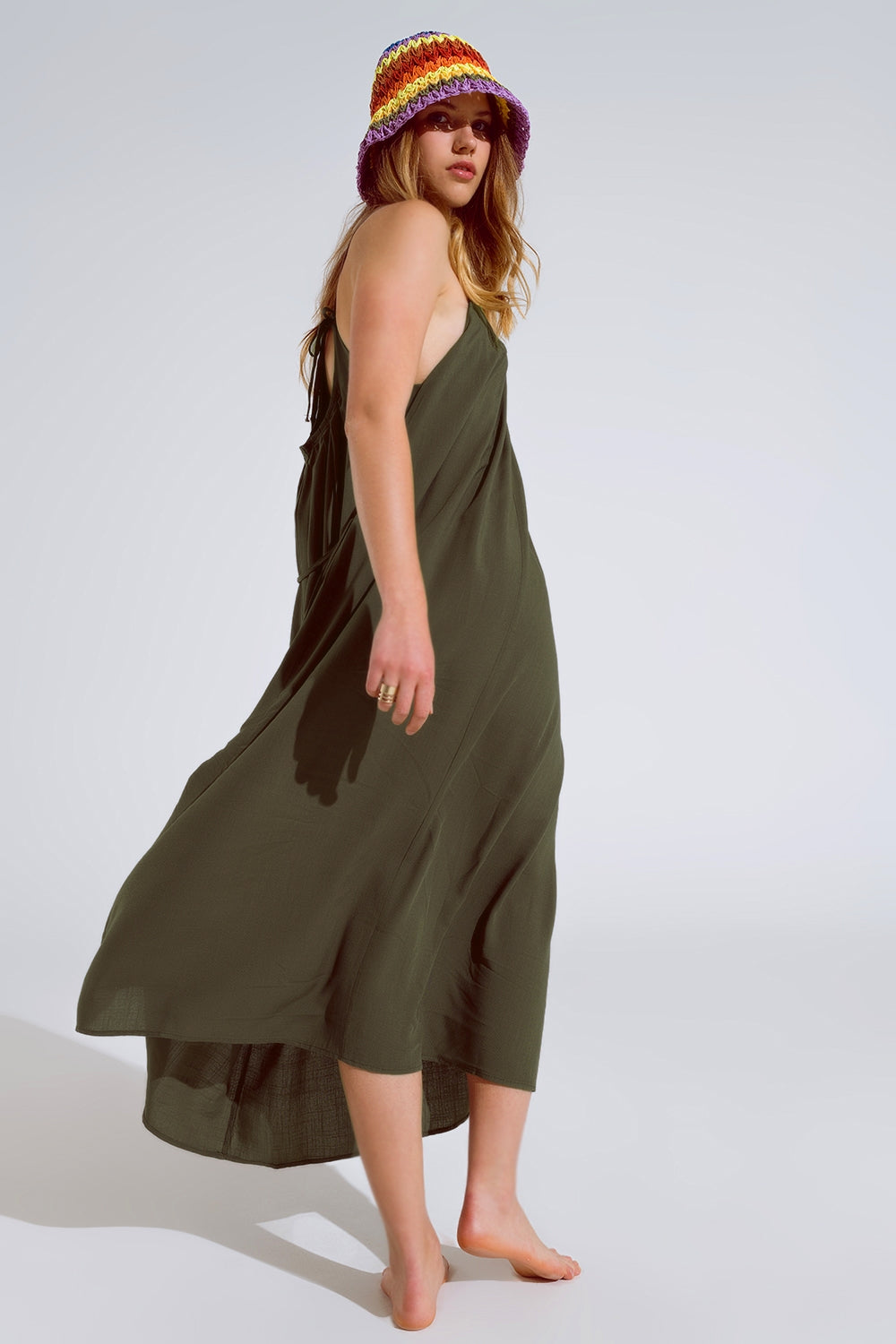 Flowy Khaki maxi Dress With Spaghetti Straps And Beaded Details Q2 Dresses BoutiqueLua