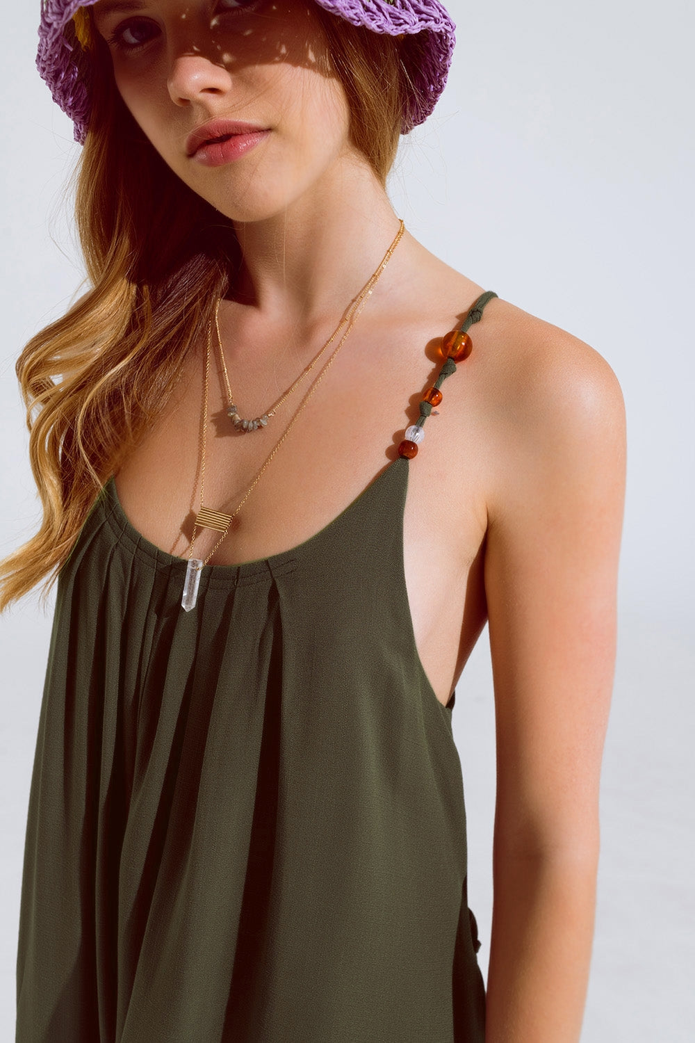Flowy Khaki maxi Dress With Spaghetti Straps And Beaded Details Q2 Dresses BoutiqueLua