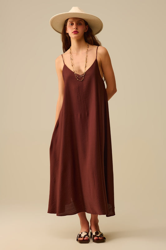 Flowy Spaghetti Strap Maxi Brown Dress - Dresses