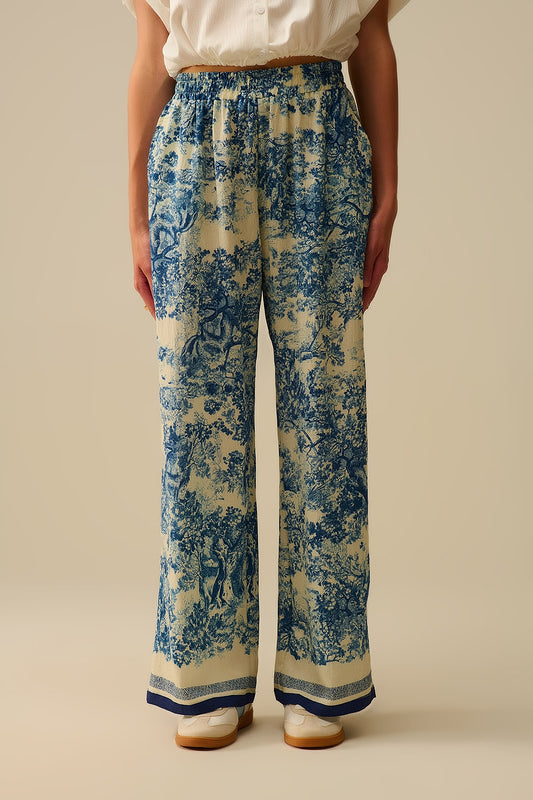 Flowy Toile de Jouy Printed Trousers with Elastic Waist - Pants