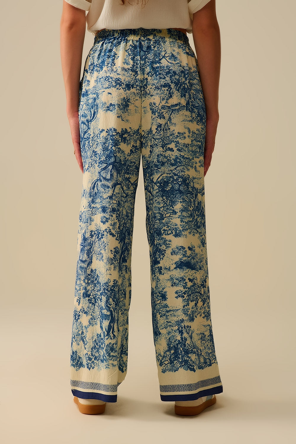 Flowy Toile de Jouy Printed Trousers with Elastic Waist - Pants