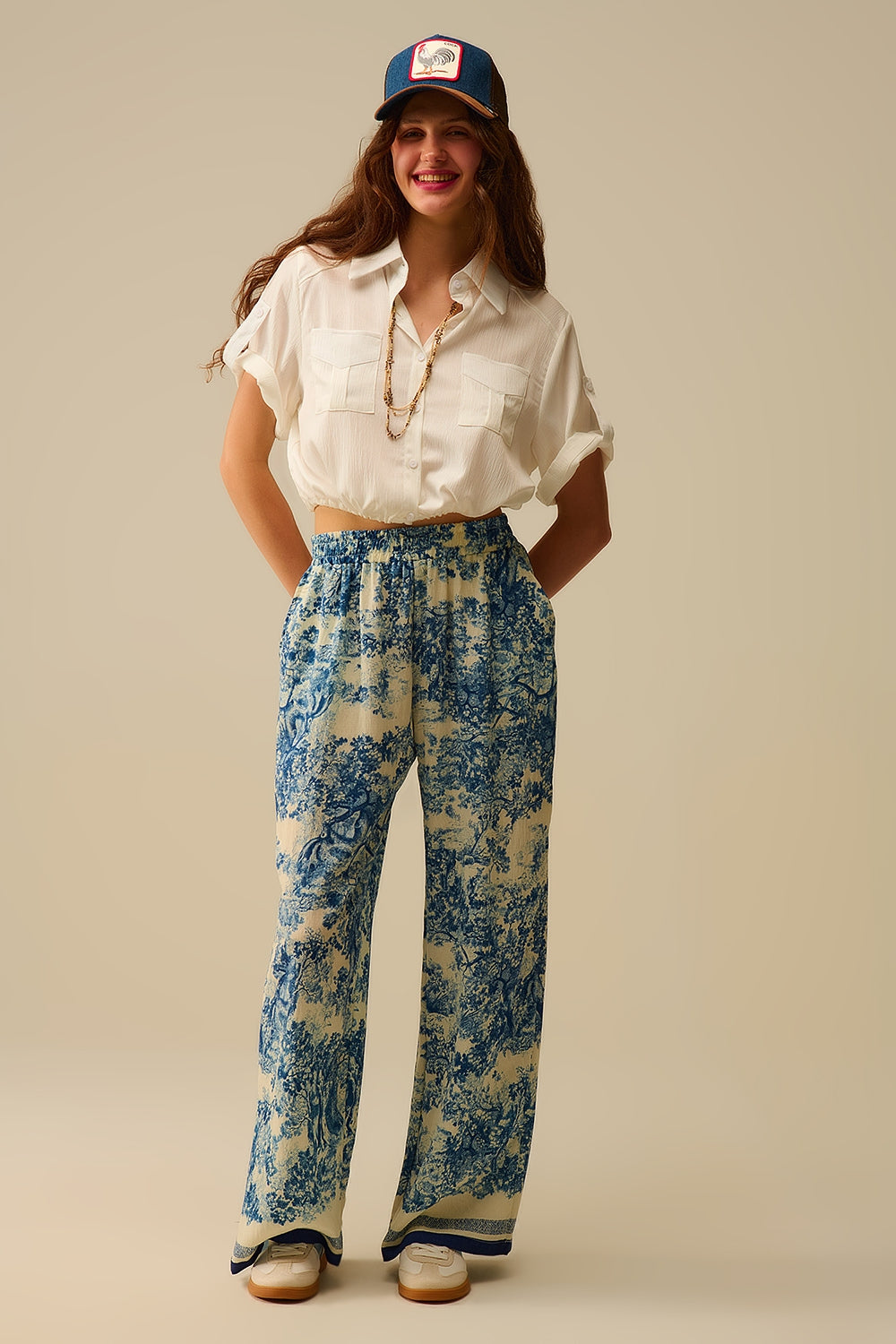 Flowy Toile de Jouy Printed Trousers with Elastic Waist - Pants