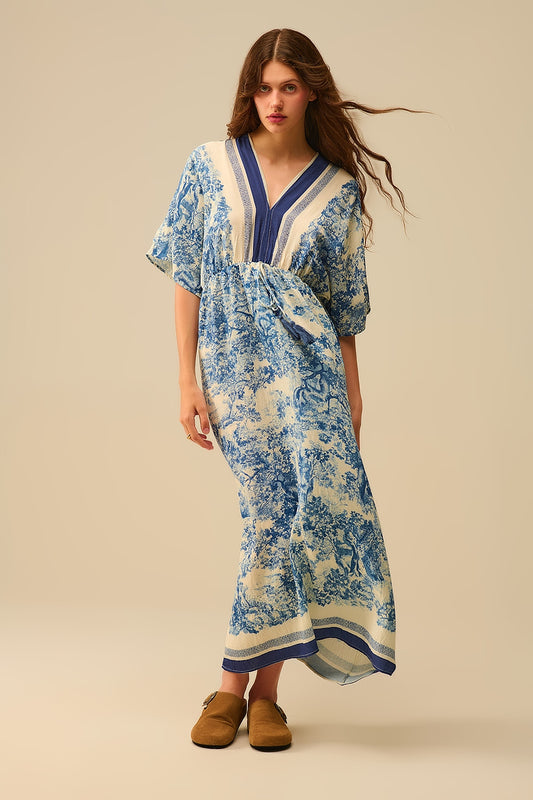Flowy V-neck Dress with Toile de Jouy Print - Dresses