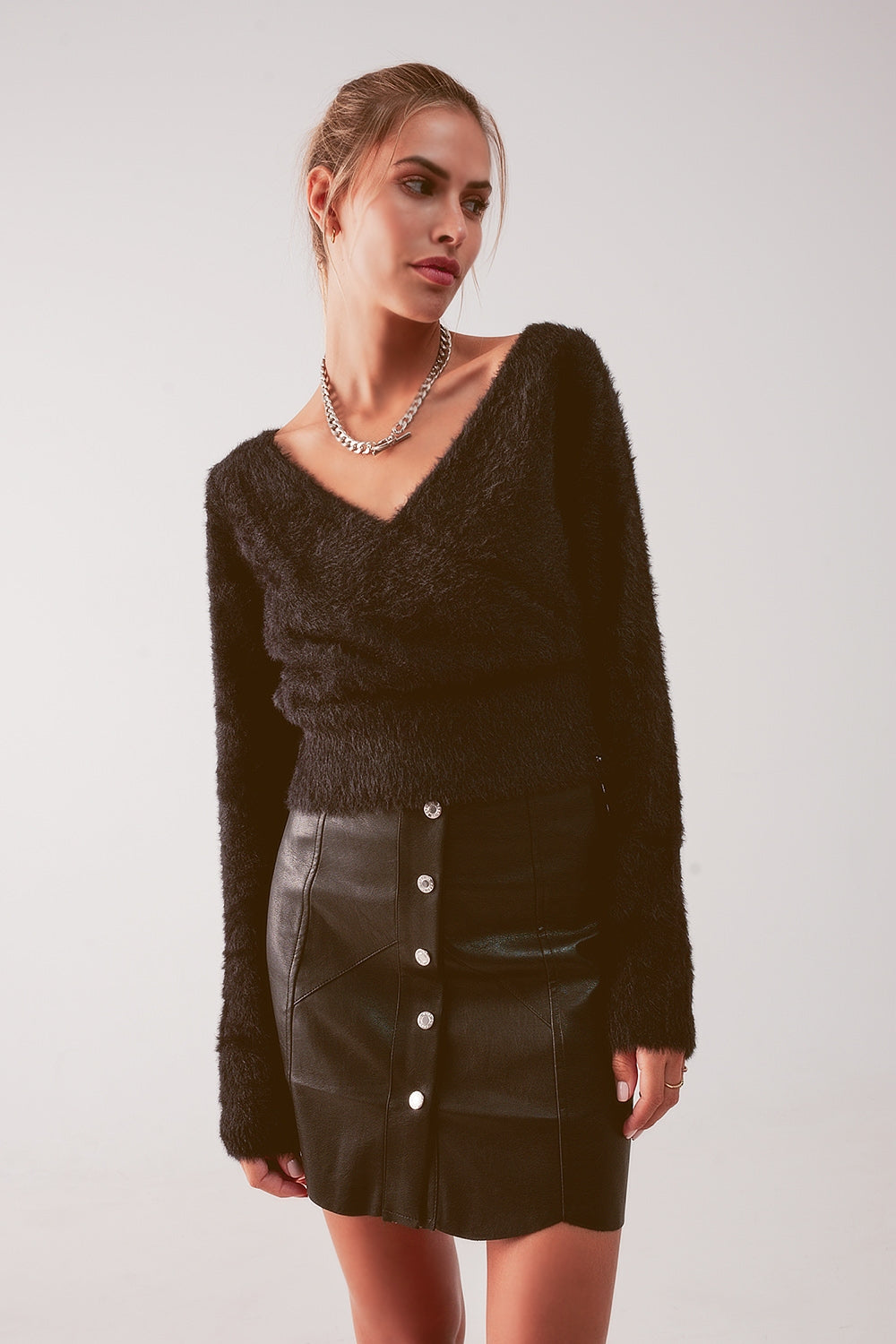 Fluffy v neck knit jumper in black Q2 Sweaters BoutiqueLua