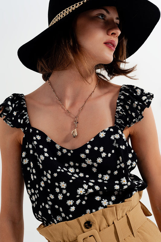 Frill strap cami top in black ditsy floral print - Tops