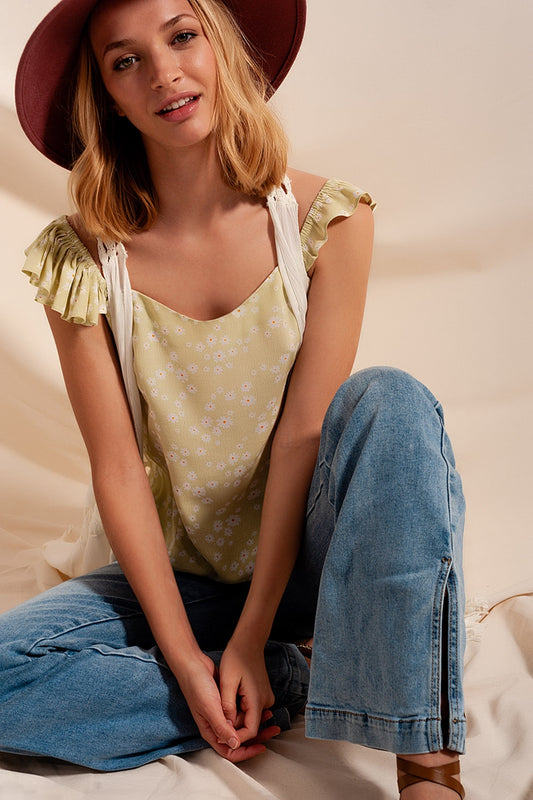 Frill strap cami top in green ditsy floral print - Tops