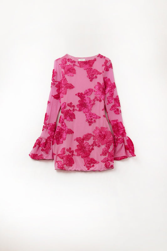 fuchsia chiffon mini dress with floral brocade - Dresses