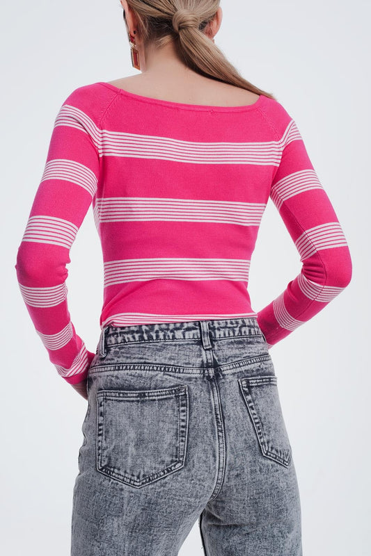Fuchsia striped sweater with boat neck - Sweaters