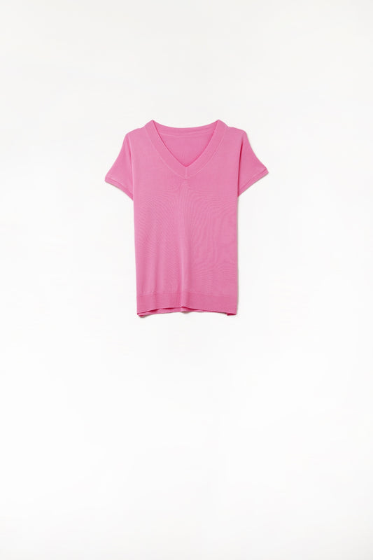 Fucshia fine knit V-neck sweater - Sweaters