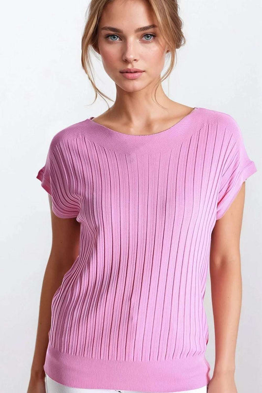 Fucshia fine Rib knitted Sweater with boat neck - Sweaters
