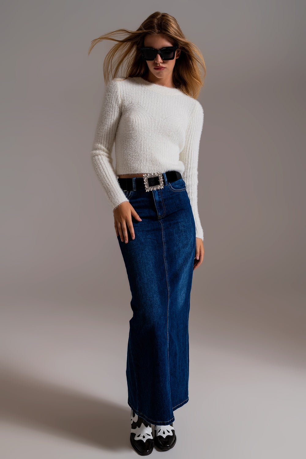 Full Length Stretch Denim 90's Skirt in Dark Wash Q2 Skirts BoutiqueLua