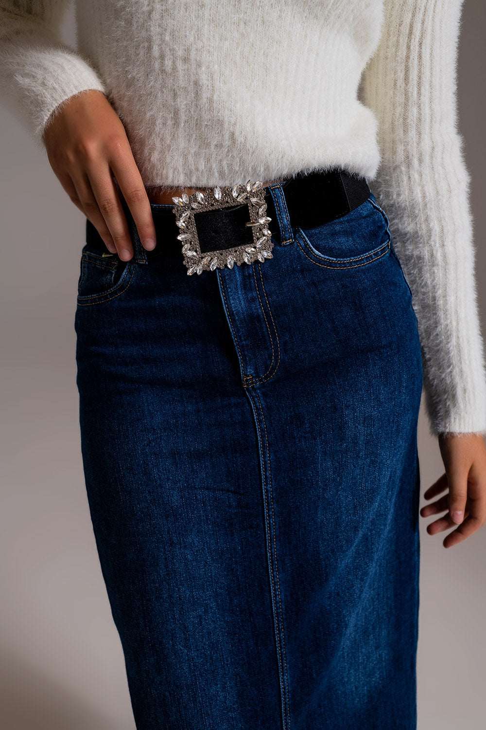 Full Length Stretch Denim 90's Skirt in Dark Wash Q2 Skirts BoutiqueLua