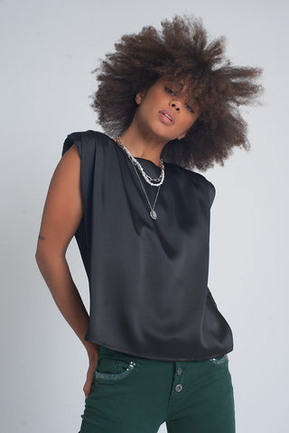 Gathered satin shoulder pad sleeveless top in black