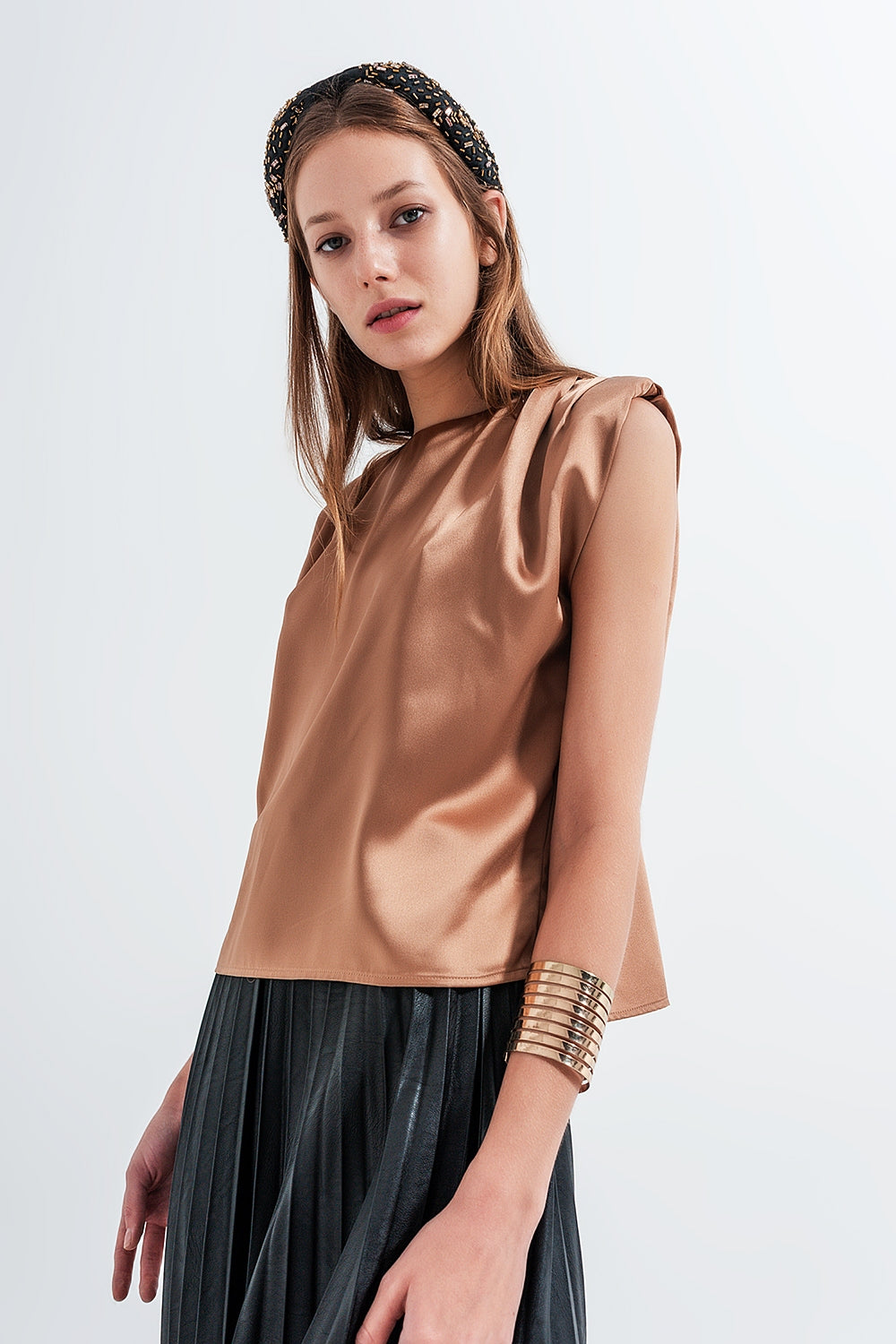 Gathered satin shoulder pad sleeveless top in gold Q2 Shirts BoutiqueLua