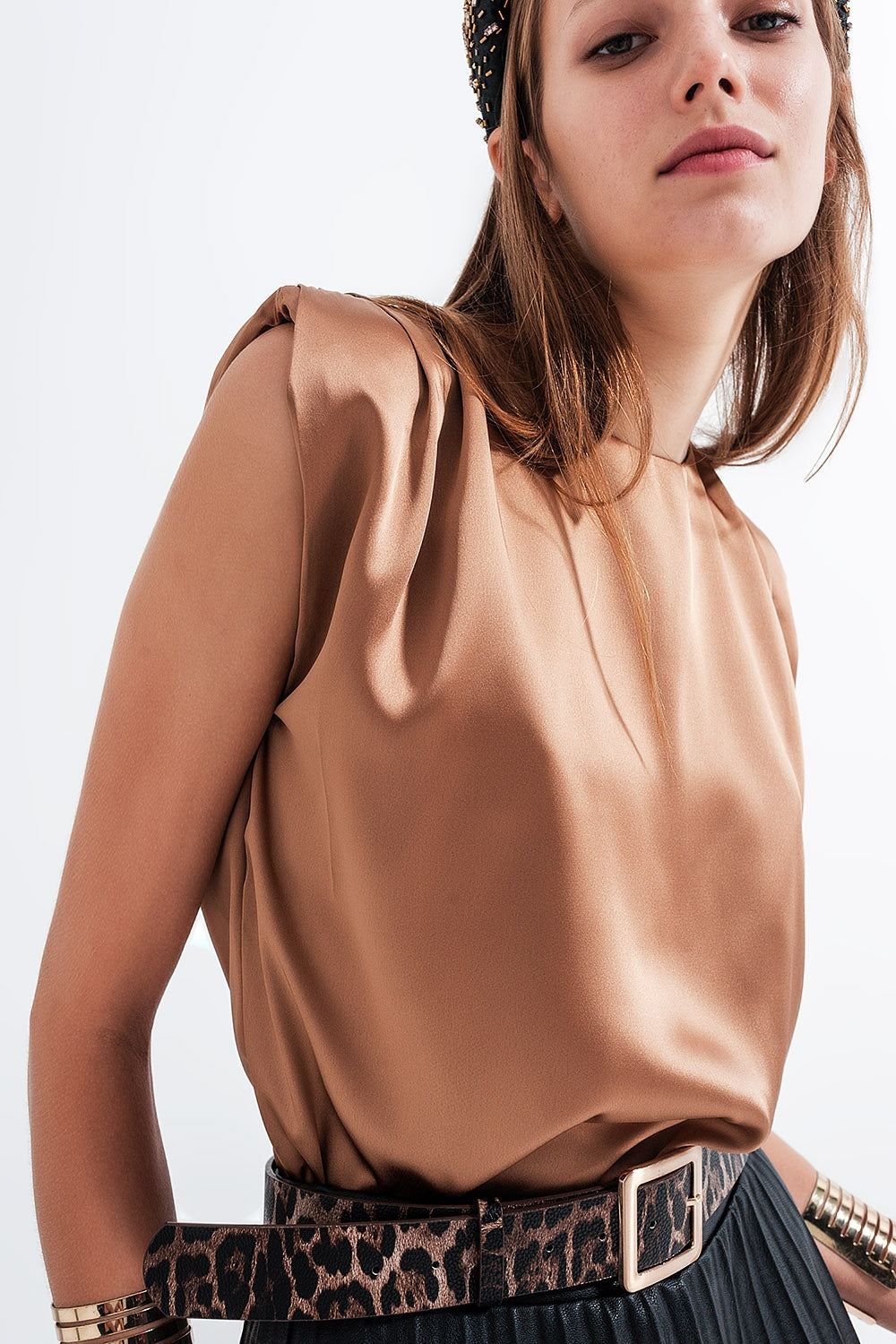 Gathered satin shoulder pad sleeveless top in gold Q2 Shirts BoutiqueLua