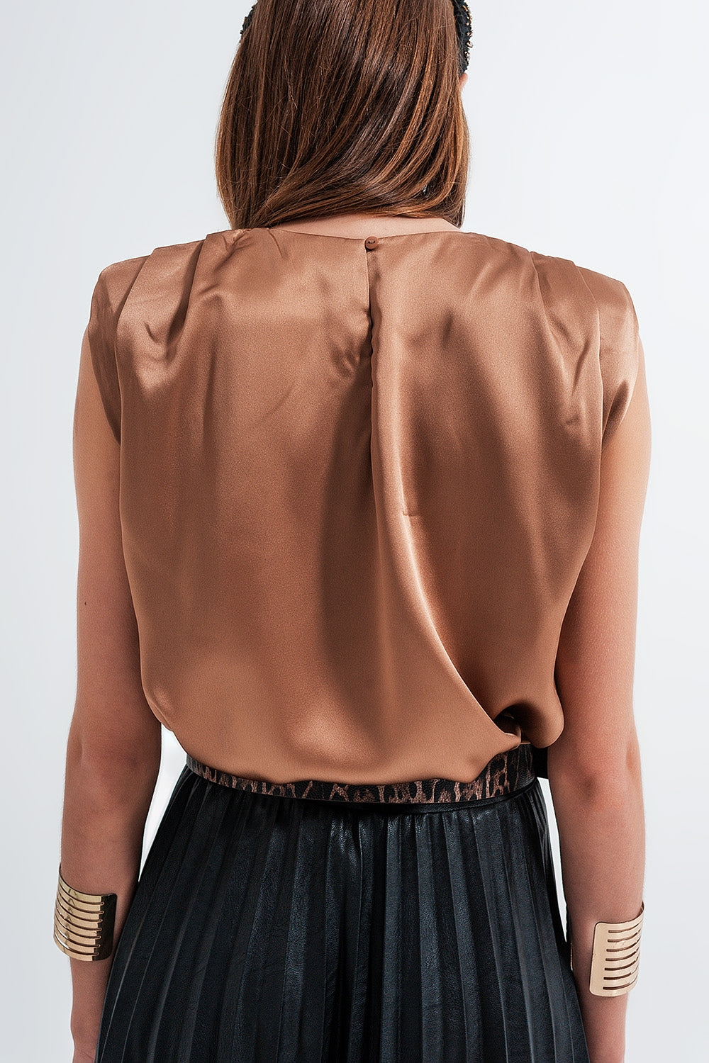 Gathered satin shoulder pad sleeveless top in gold Q2 Shirts BoutiqueLua