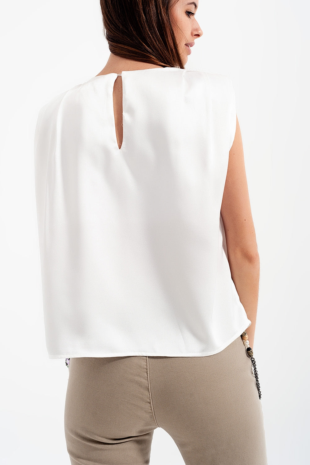 Gathered satin shoulder pad sleeveless top in white Q2 Tops BoutiqueLua