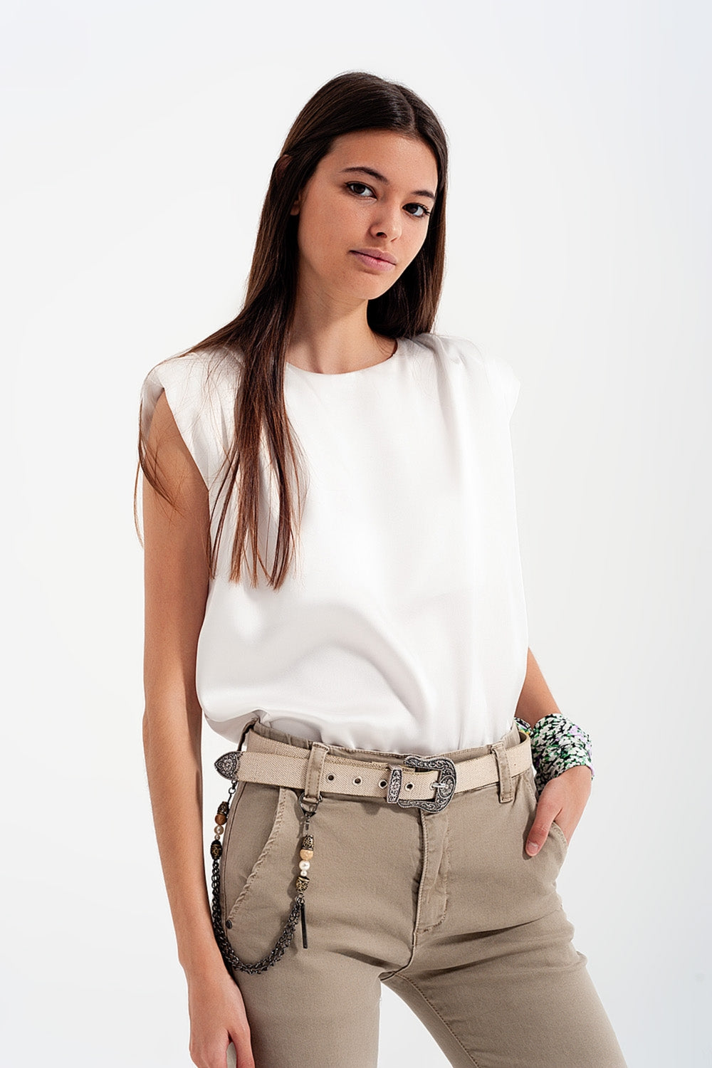 Gathered satin shoulder pad sleeveless top in white Q2 Tops BoutiqueLua