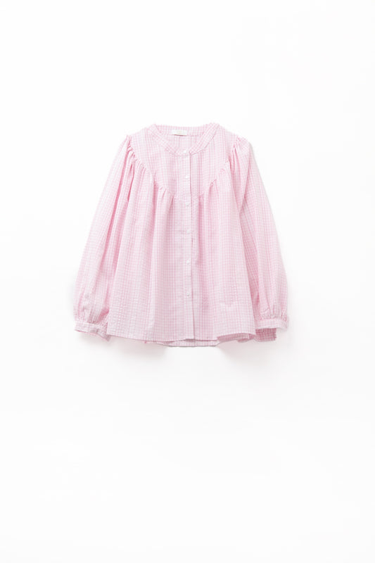 Gingham Pale Pink Collarless Blouse With Wide Sleeves - Blouses