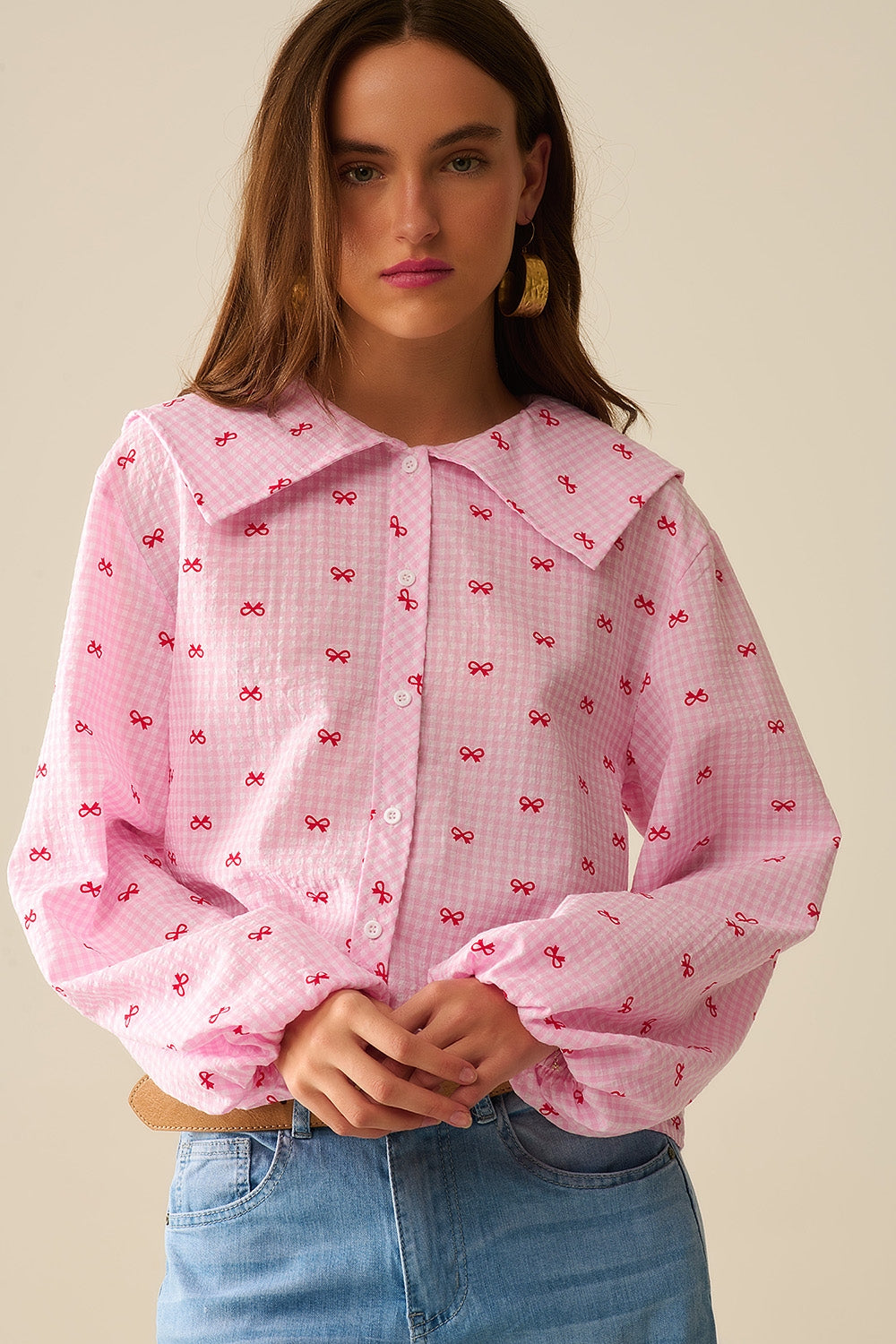 Gingham Peter Pan Collar Blouse in Pink With Bow Print