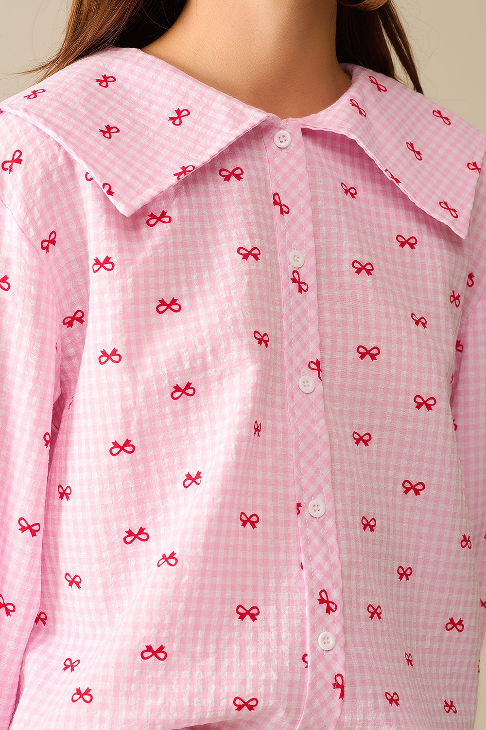Gingham Peter Pan Collar Blouse in Pink With Bow Print