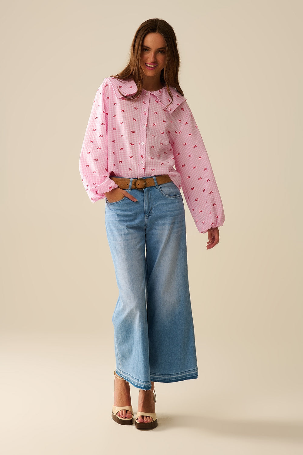 Gingham Peter Pan Collar Blouse in Pink With Bow Print