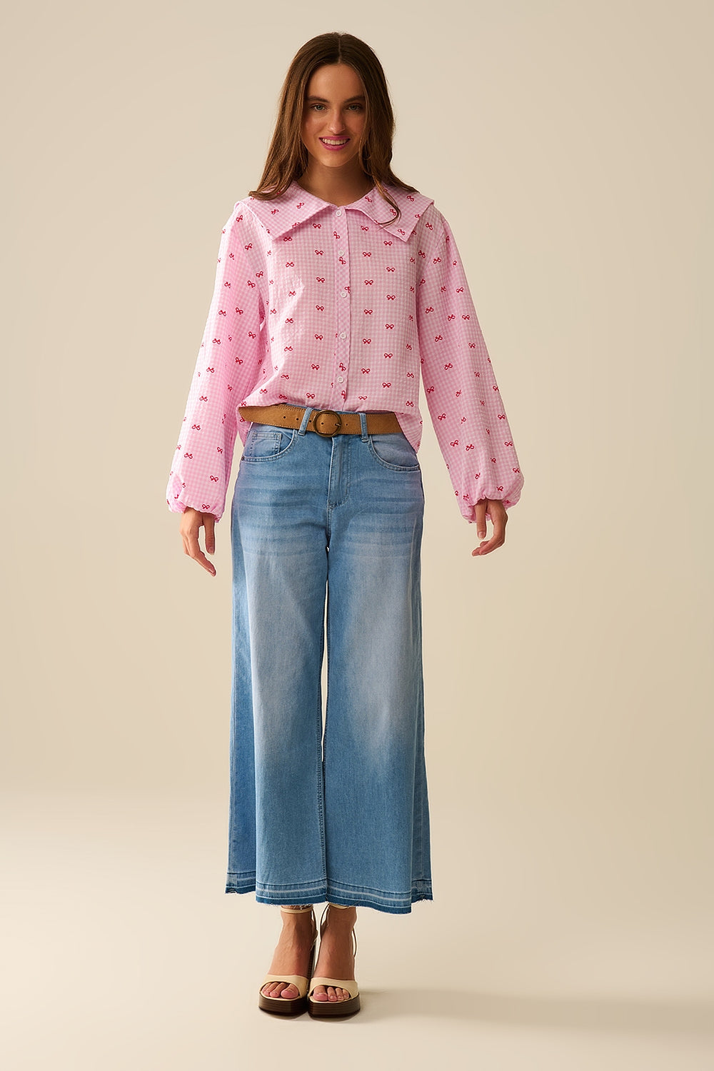 Gingham Peter Pan Collar Blouse in Pink With Bow Print