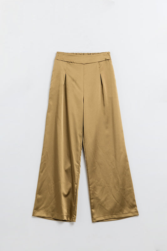 Gold High Waist Satin Wide Leg Pants - Pants