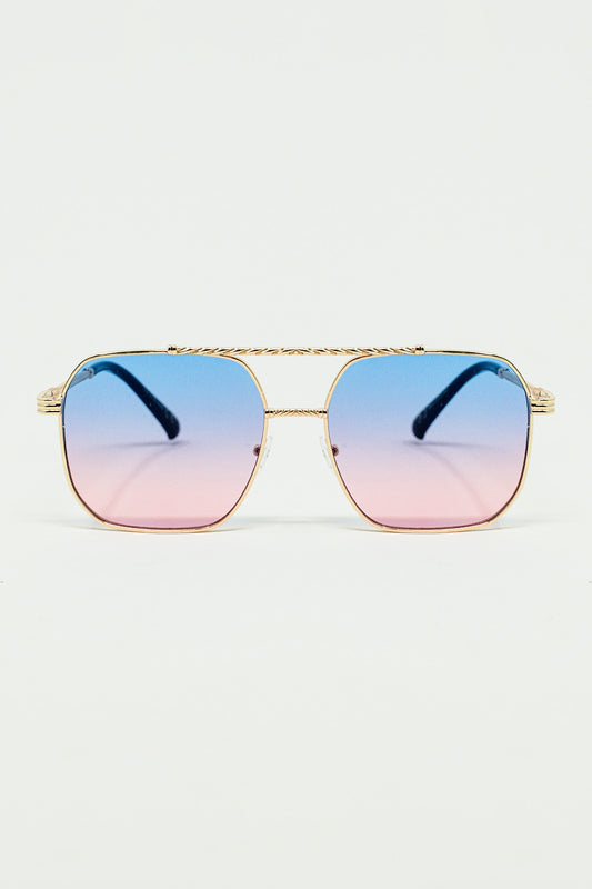 gold square frame sunglasses in ombre light blue with pink - Sunglasses