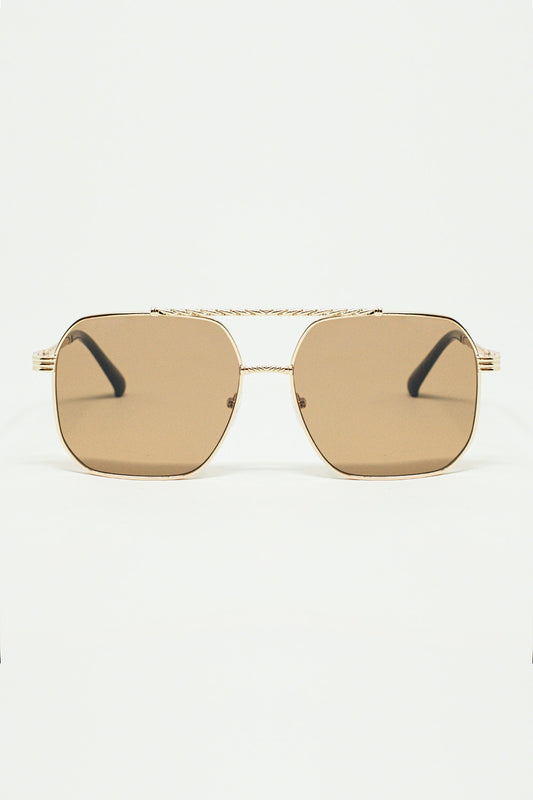 gold square frame sunglasses with brown lenses - Sunglasses