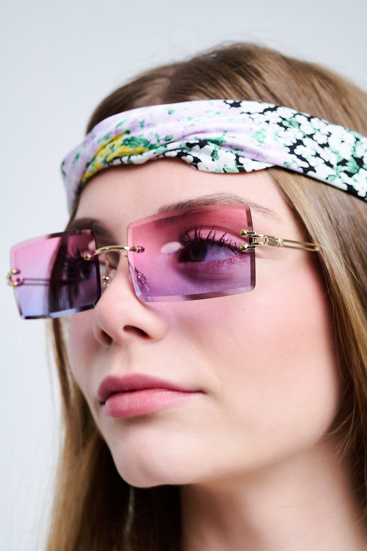 Gold Thin Rimless Square Sunglasses with Purple to Pink Gradient Lenses - Sunglasses