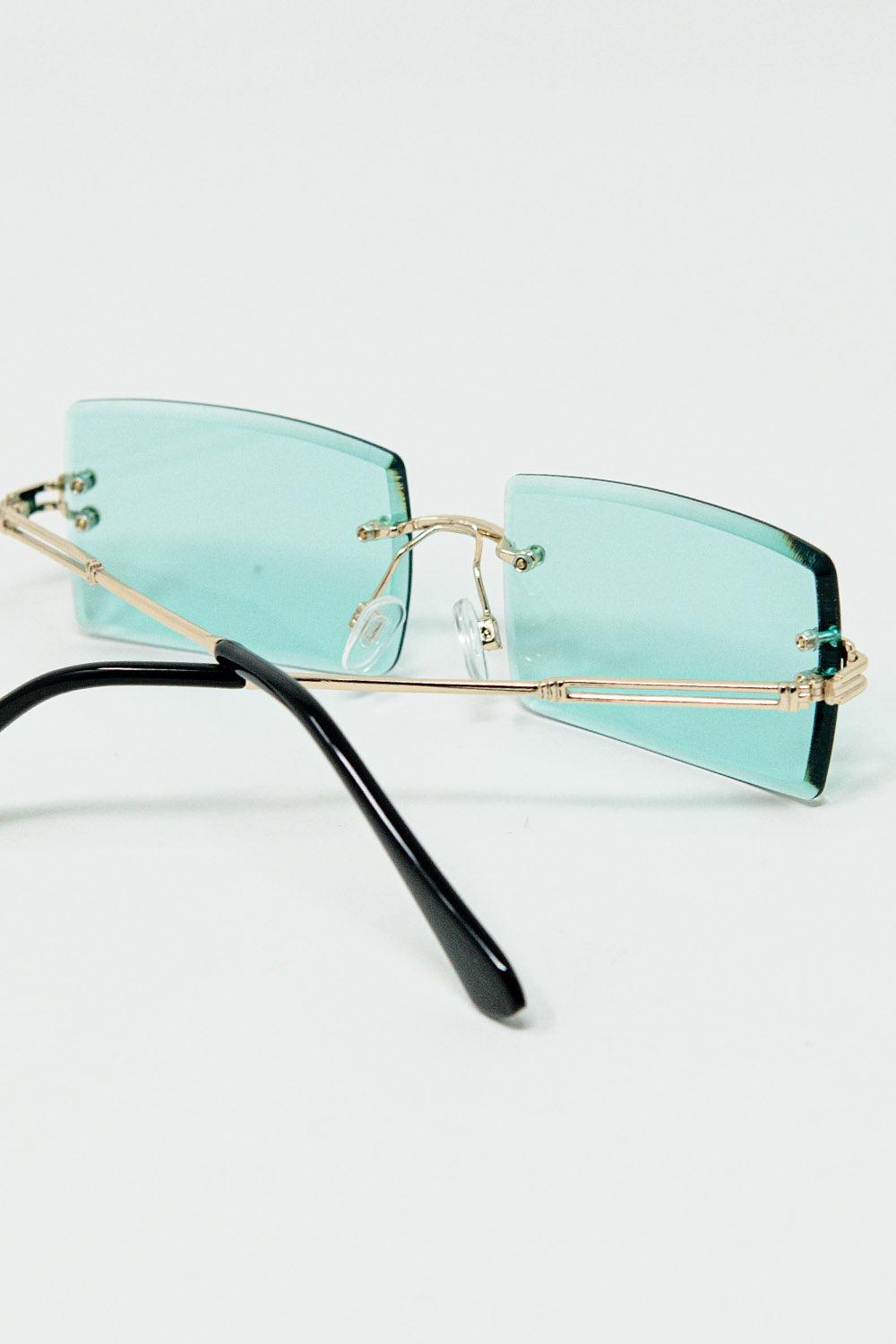 Gold Thin Rimless Square Sunglasses with Turquoise Lenses - Sunglasses