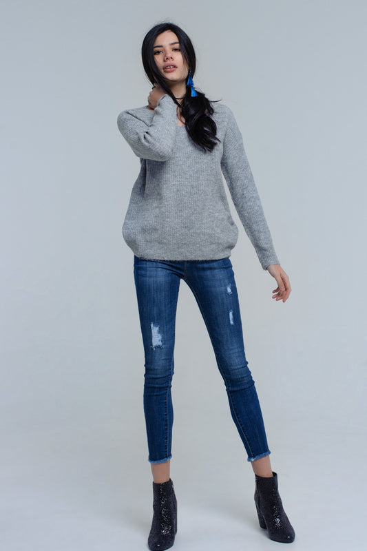 Gray knitted sweater with tie-back closure - Jumpers