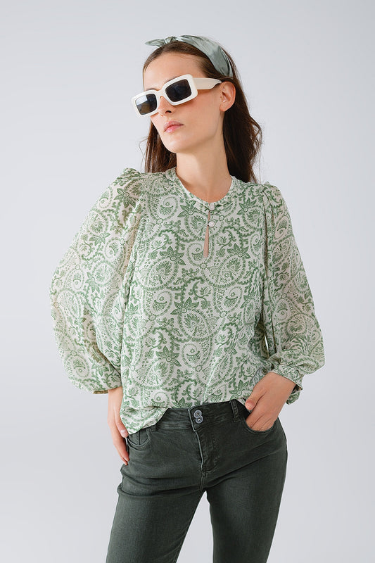 Green chiffon Blouse With Floral Print And Long Balloon Sleeves - Blouses