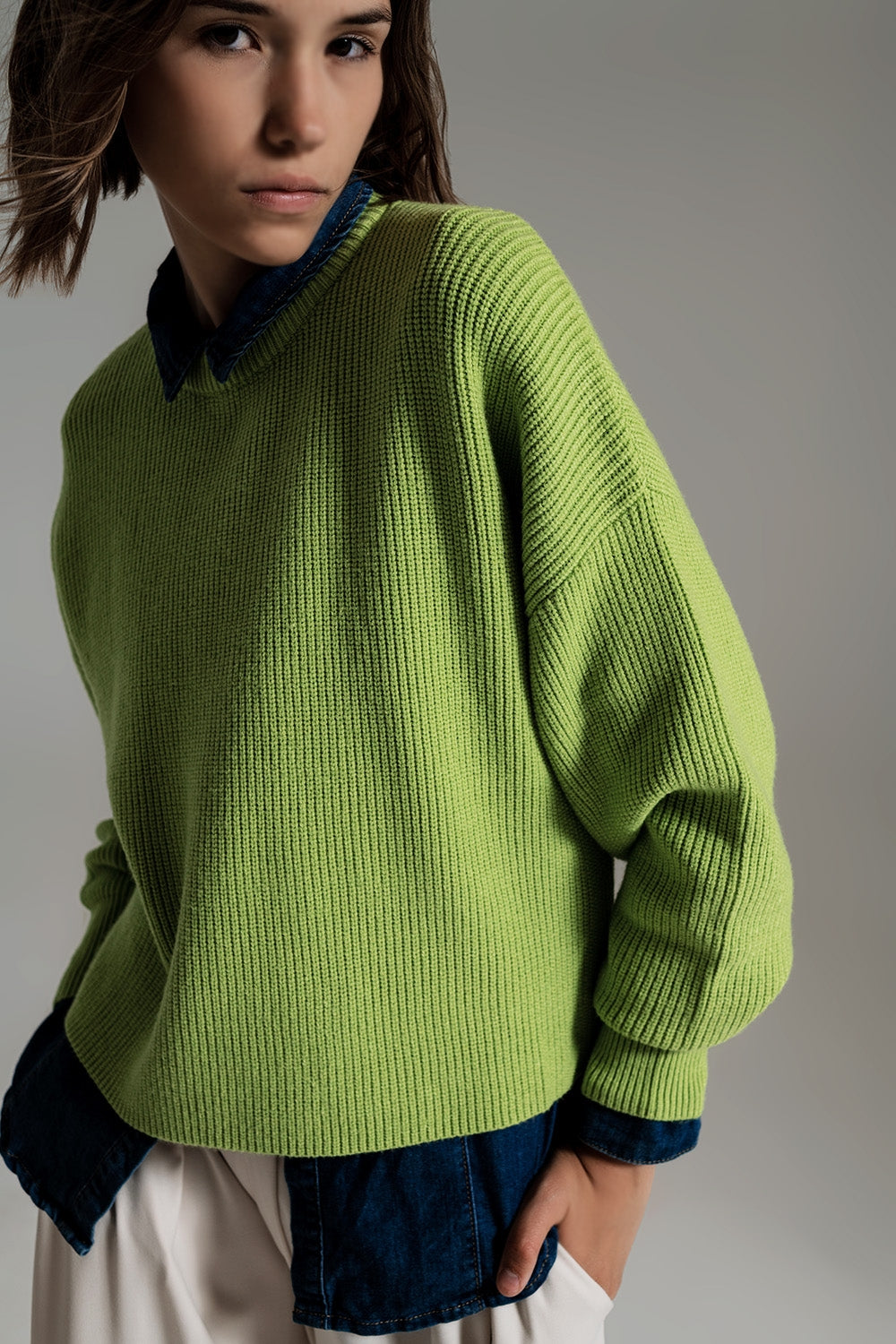 green chunky knitted relaxed Jumper Q2 Sweaters BoutiqueLua