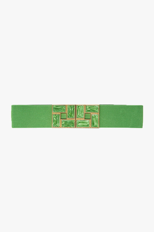 Green Elastic Belt With Squared Marbled Buckles And Gold Details - Belts
