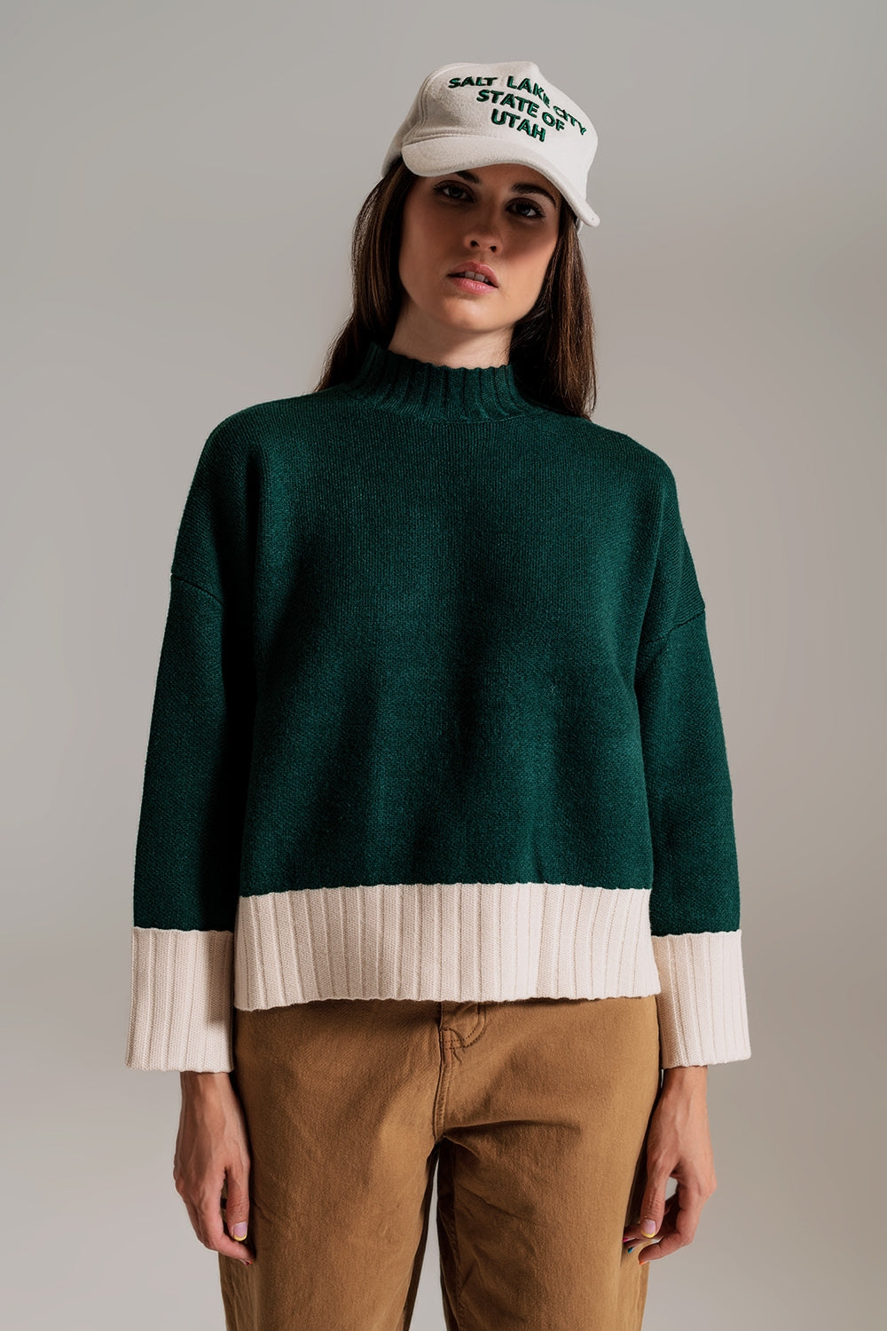 green jumper with white ribbed cuffs and hem - Jumpers