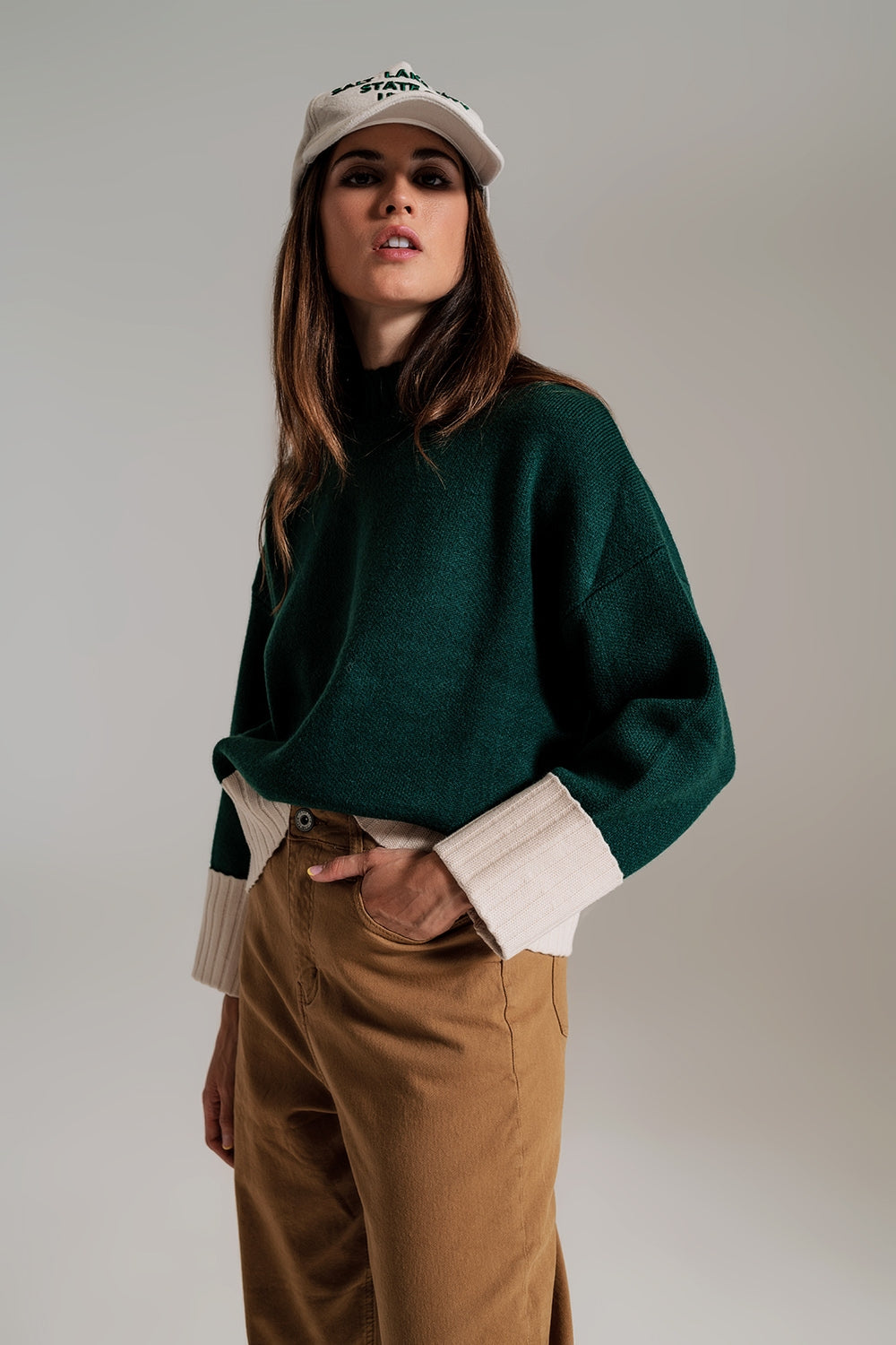 green jumper with white ribbed cuffs and hem - Jumpers
