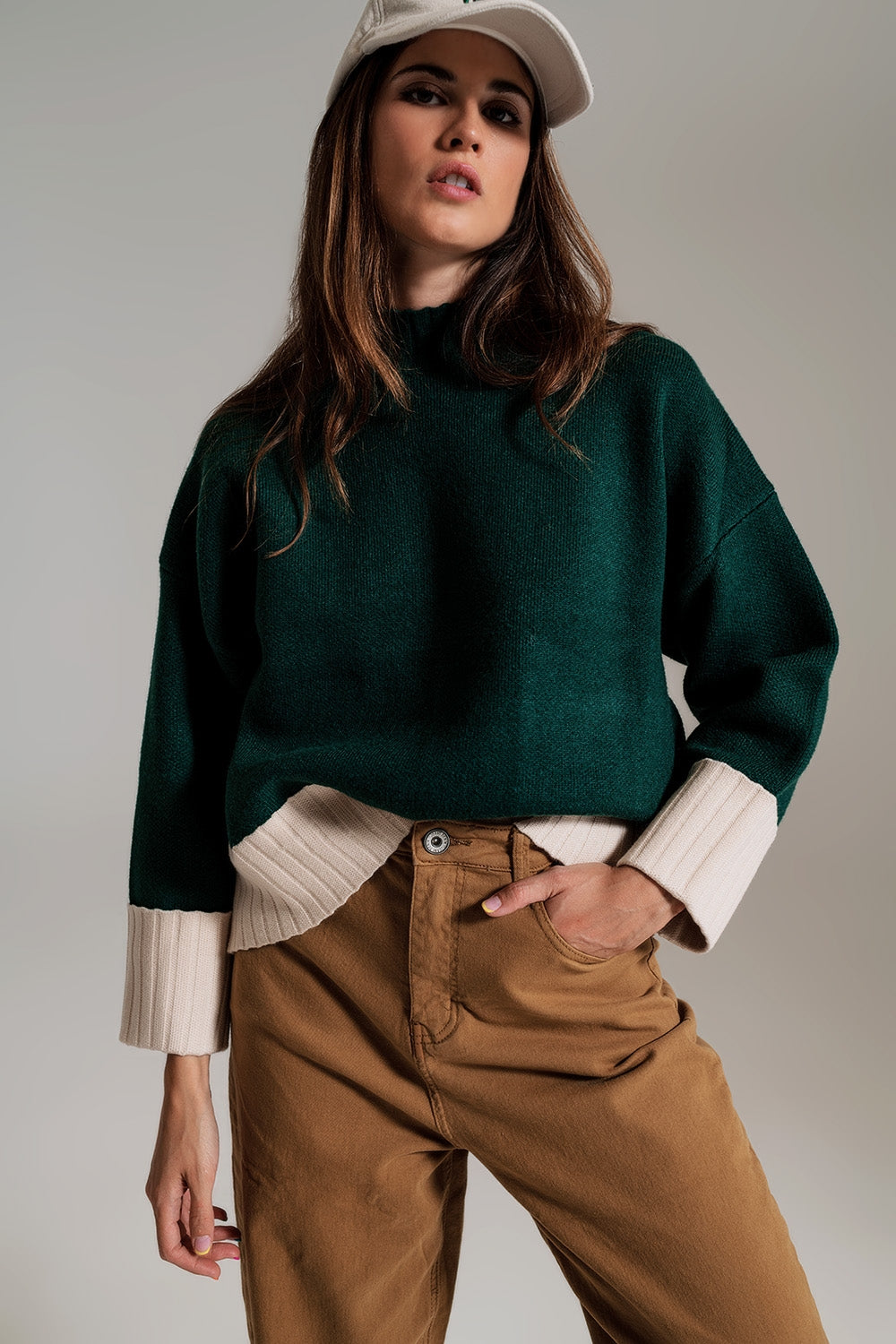 green jumper with white ribbed cuffs and hem - Jumpers