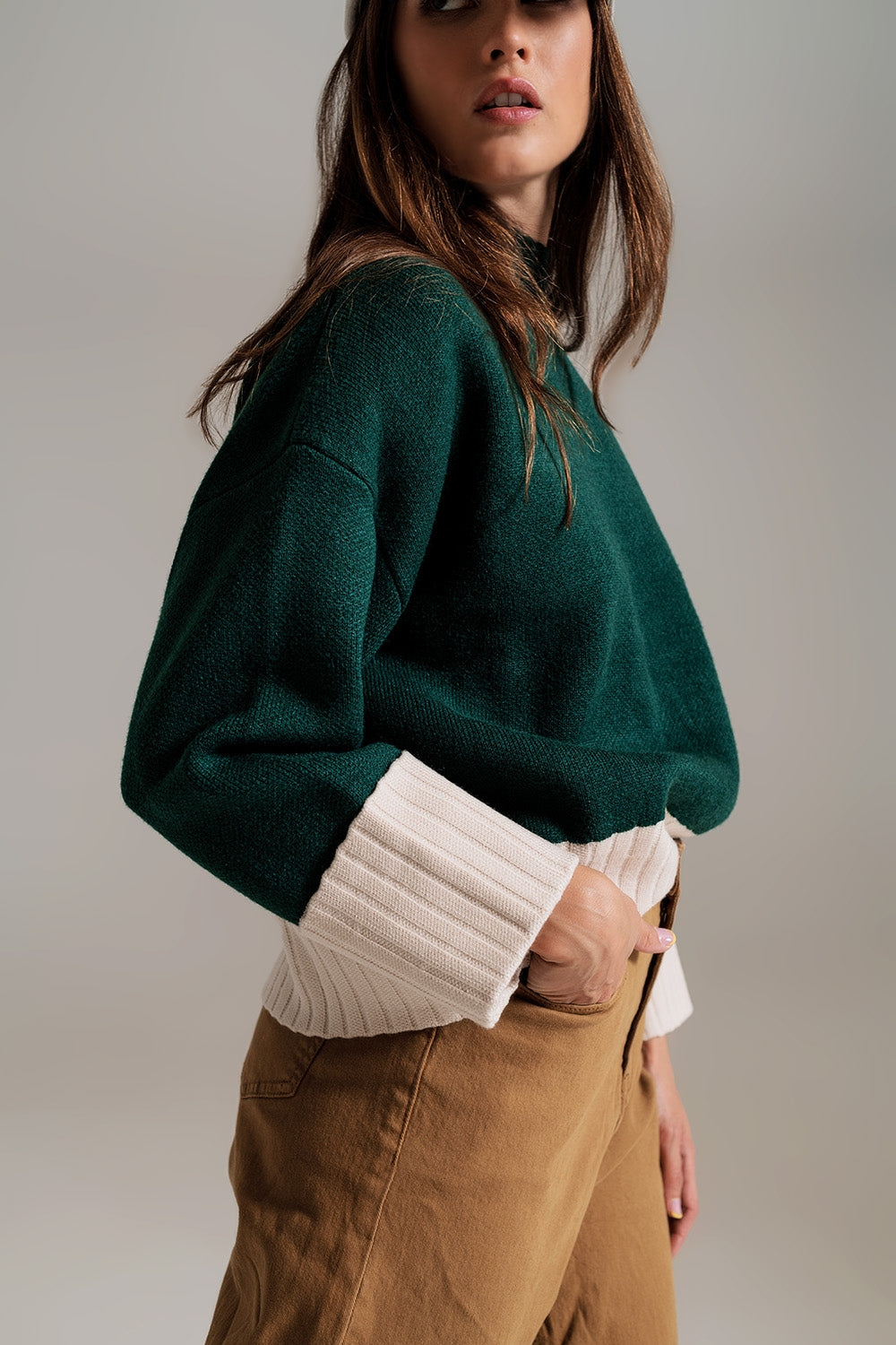green jumper with white ribbed cuffs and hem - Jumpers