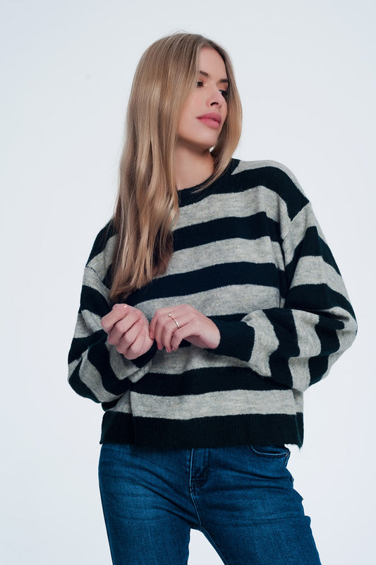 Green knitted sweater with grey stripes - Jumpers
