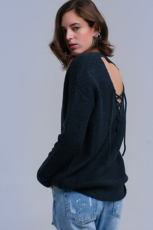 Green knitted sweater with tie-back closure - Jumpers