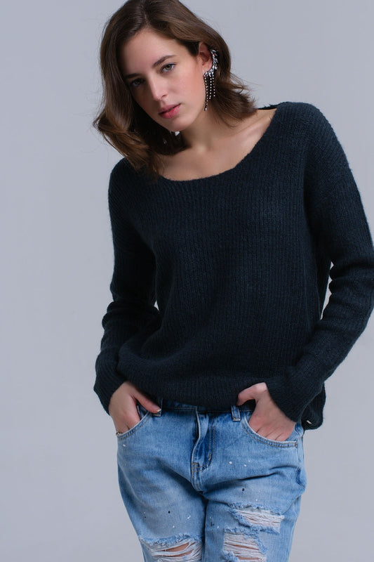 Green knitted sweater with tie-back closure - Jumpers