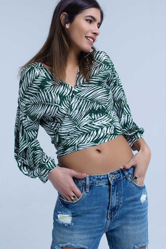 Green leaf print blouse with plunge neck - Blouses